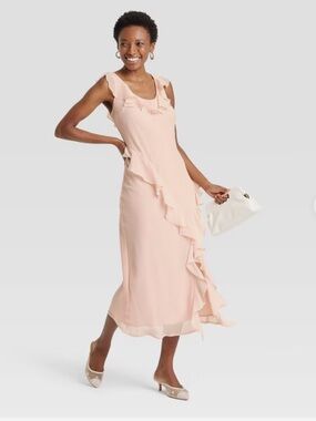 a new day Blush Pink Ruffle-Trim Midi Dress